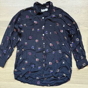 Chicos Design Top Women Large Black Silky Rayon Button Up Long Sleeve